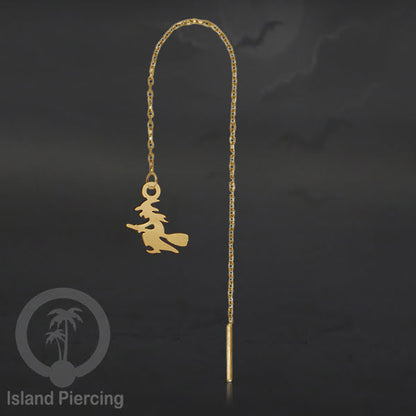 Anting Ear Threader Stainless warna gold dengan model Halloween yang unik, Tengkorak, Peti