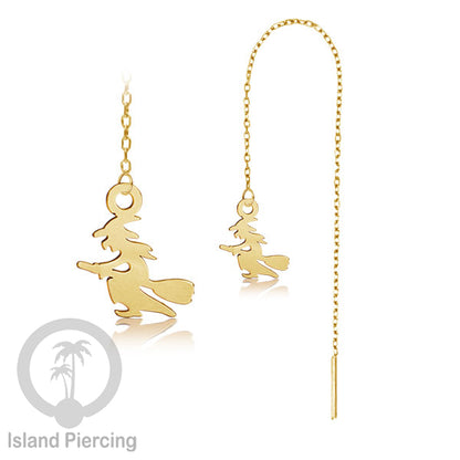 Anting Ear Threader Stainless warna gold dengan model Halloween yang unik, Tengkorak, Peti