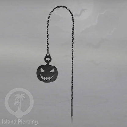Anting Ear Threader Stainless warna hitam dengan model Halloween yang unik, Tengkorak, Peti