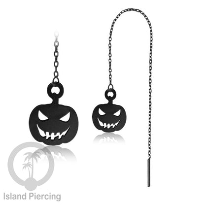 Anting Ear Threader Stainless warna hitam dengan model Halloween yang unik, Tengkorak, Peti