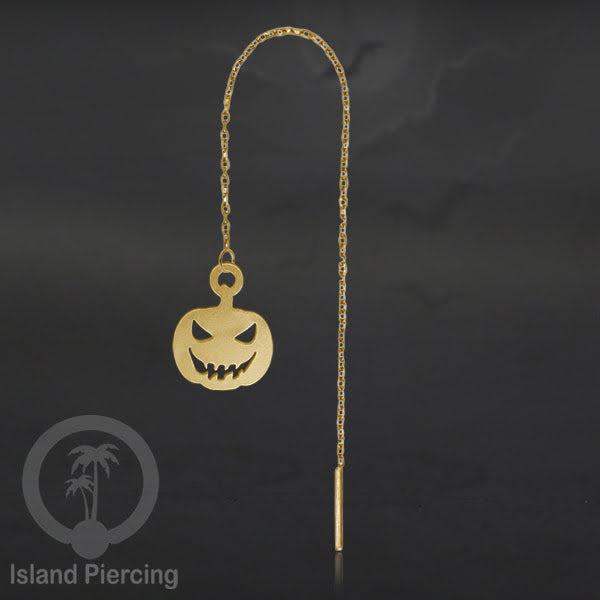 Anting Ear Threader Stainless warna gold dengan model Halloween yang unik, Tengkorak, Peti