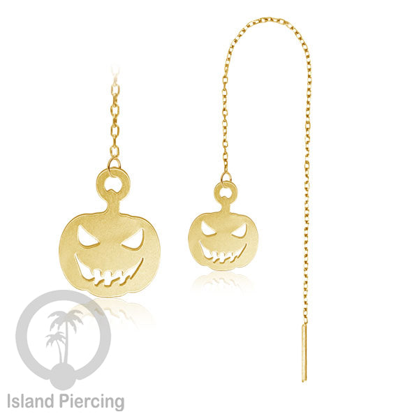 Anting Ear Threader Stainless warna gold dengan model Halloween yang unik, Tengkorak, Peti