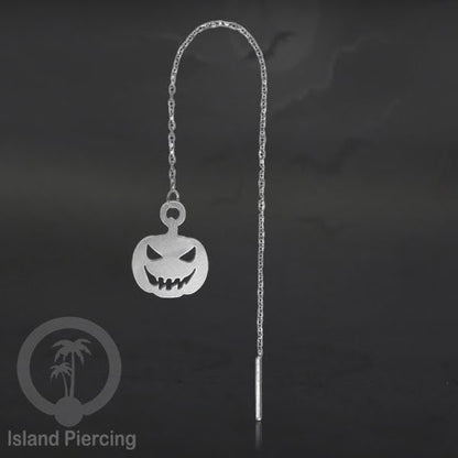 Anting Ear Threader Stainless warna silver dengan model Halloween yang unik, Tengkorak, Peti