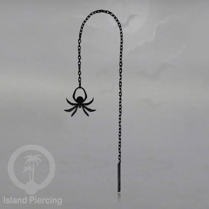 Anting Ear Threader Stainless warna hitam dengan model Halloween yang unik, Tengkorak, Peti