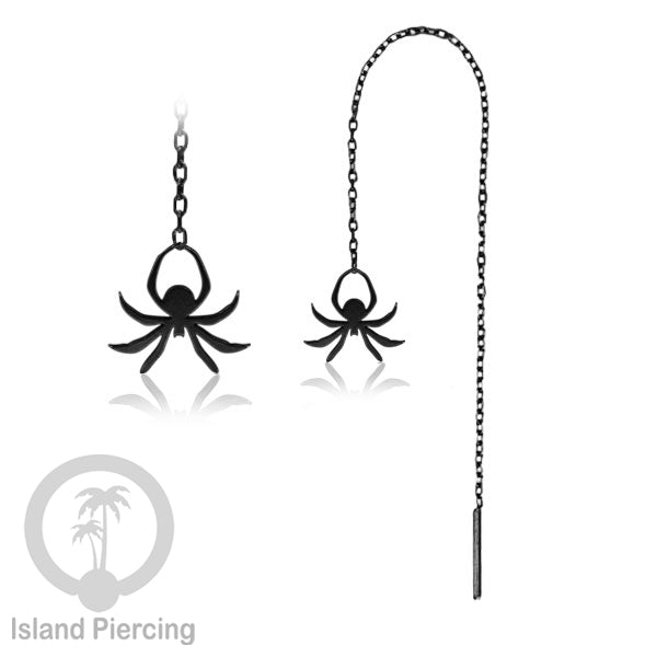 Anting Ear Threader Stainless warna hitam dengan model Halloween yang unik, Tengkorak, Peti