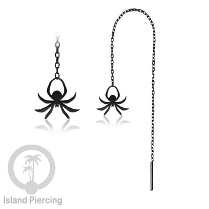 Anting Ear Threader Stainless warna hitam dengan model Halloween yang unik, Tengkorak, Peti