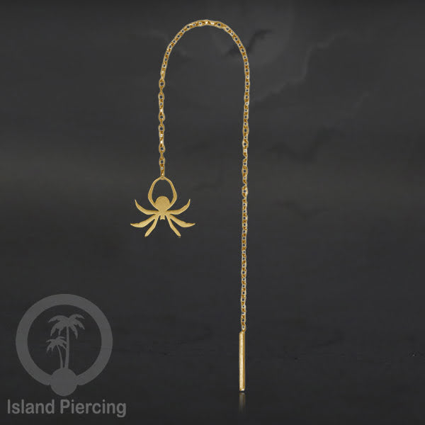 Anting Ear Threader Stainless warna gold dengan model Halloween yang unik, Tengkorak, Peti
