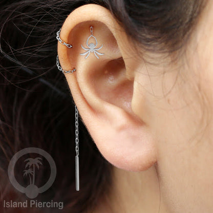 Anting Ear Threader Stainless warna silver dengan model Halloween yang unik, Tengkorak, Peti