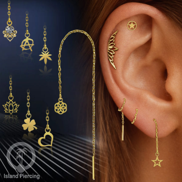 Anting Rantai Ear Threader Stainless warna gold motif Bintang, Love Heart, Lotus, Peace, Flower of Life...