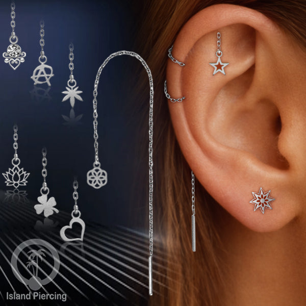 Anting Rantai Ear Threader Stainless warna silver motif Bintang, Love Heart, Lotus, Peace, Flower of Life...