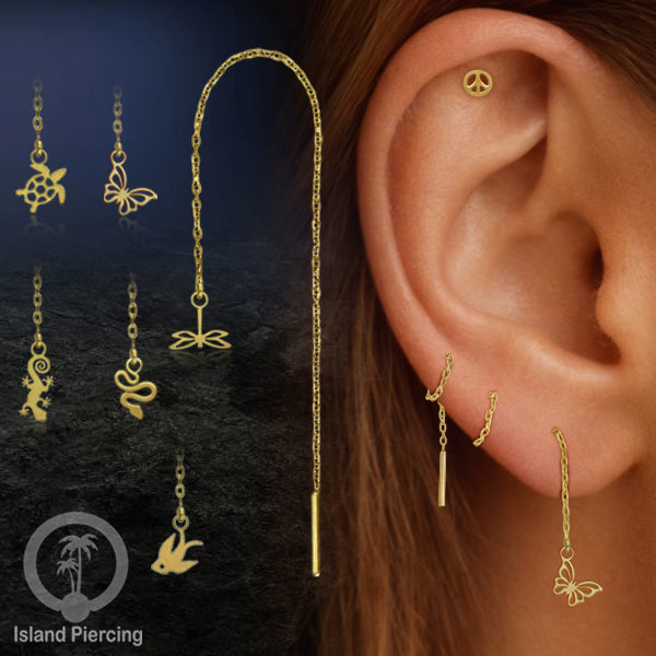 Anting Rantai Ear Threader Stainless warna gold motif Kupu2, Gecko, Ular, Kura2, Burung, Capung