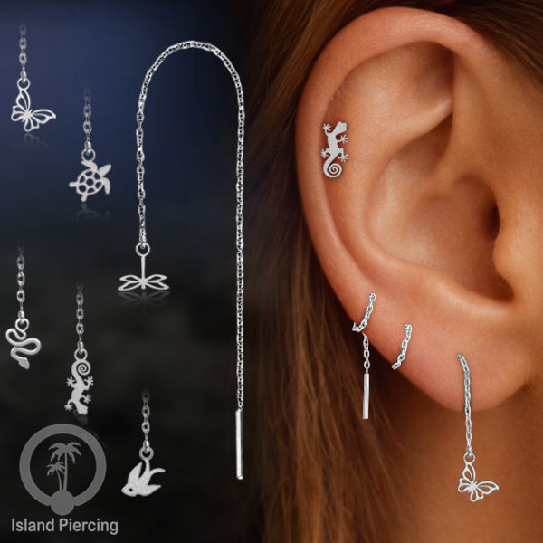 Anting Rantai Ear Threader Stainless warna silver motif Kupu2, Gecko, Ular, Kura2, Burung, Capung