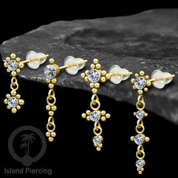 Anting Stud Stainless warna gold yang gantung dengan dekorasi Kristal Zirconia