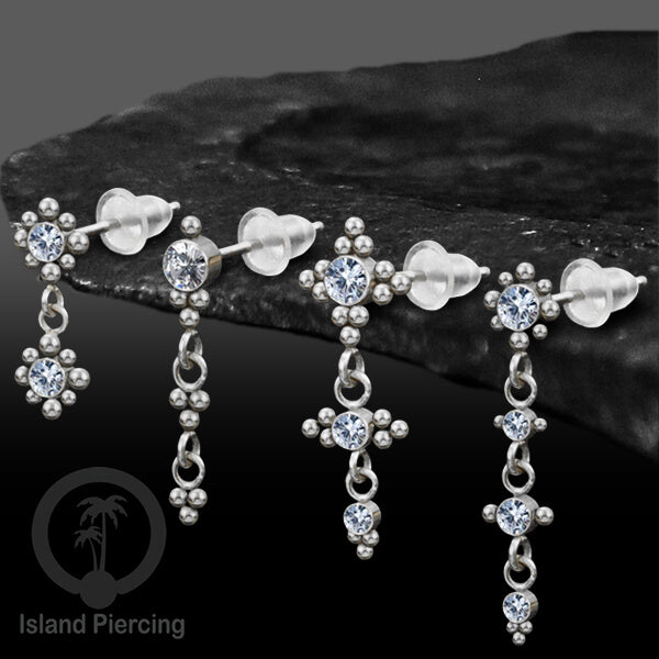 Anting Stud Stainless warna silver yang gantung dengan dekorasi Kristal Zirconia