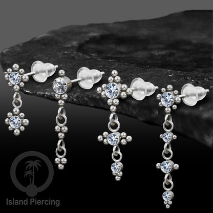 Anting Stud Stainless warna silver yang gantung dengan dekorasi Kristal Zirconia