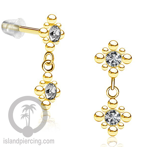 Anting Stud Stainless warna gold yang gantung dengan dekorasi Kristal Zirconia