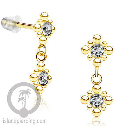 Anting Stud Stainless warna gold yang gantung dengan dekorasi Kristal Zirconia