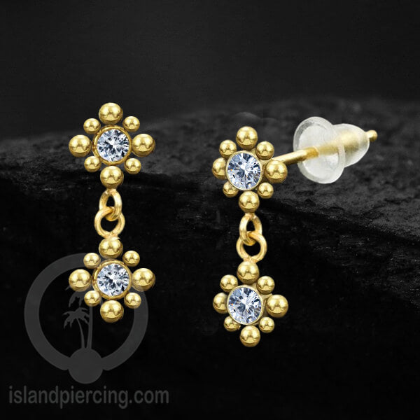 Anting Stud Stainless warna gold yang gantung dengan dekorasi Kristal Zirconia