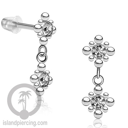 Anting Stud Stainless warna silver yang gantung dengan dekorasi Kristal Zirconia