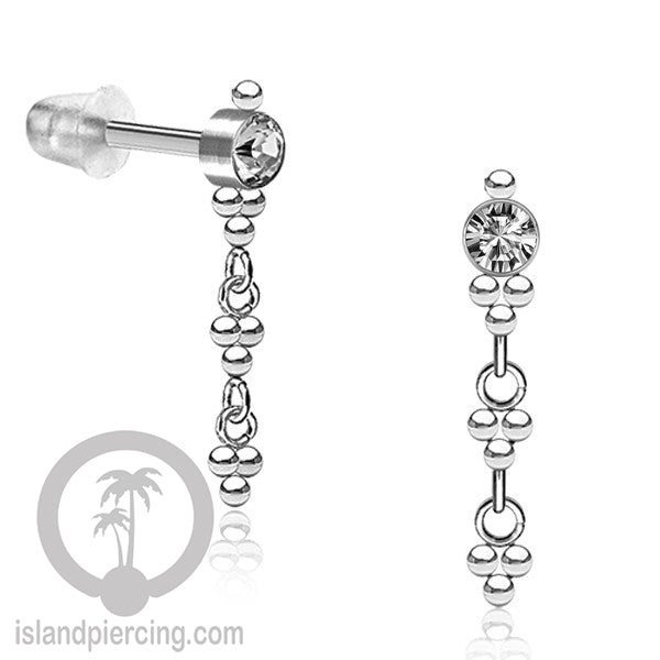 Anting Stud Stainless warna silver yang gantung dengan dekorasi Kristal Zirconia