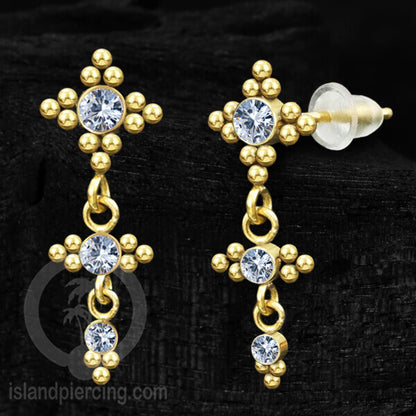 Anting Stud Stainless warna gold yang gantung dengan dekorasi Kristal Zirconia