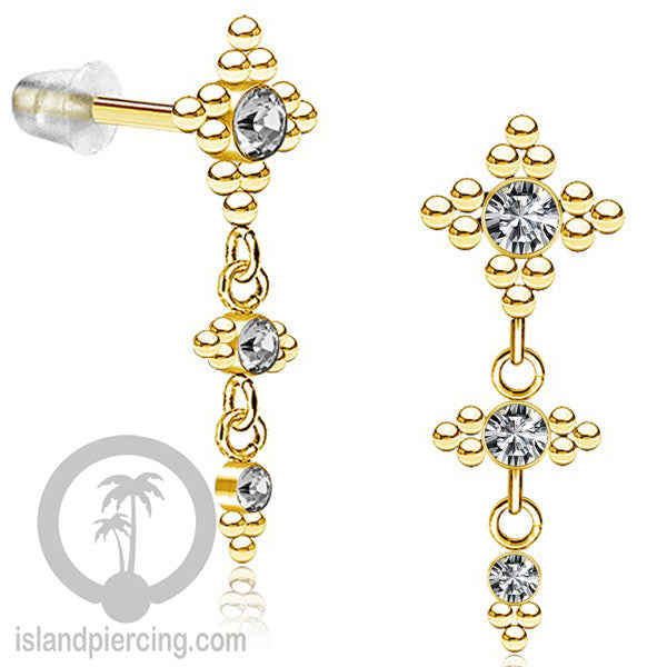 Anting Stud Stainless warna gold yang gantung dengan dekorasi Kristal Zirconia