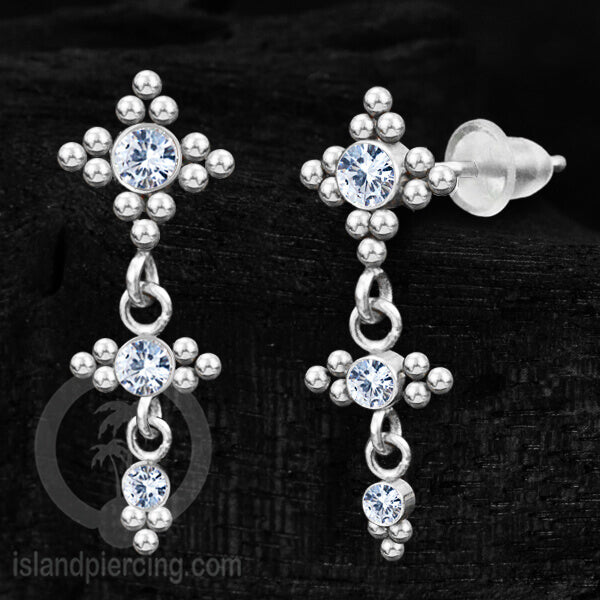 Anting Stud Stainless warna silver yang gantung dengan dekorasi Kristal Zirconia