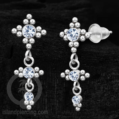 Anting Stud Stainless warna silver yang gantung dengan dekorasi Kristal Zirconia