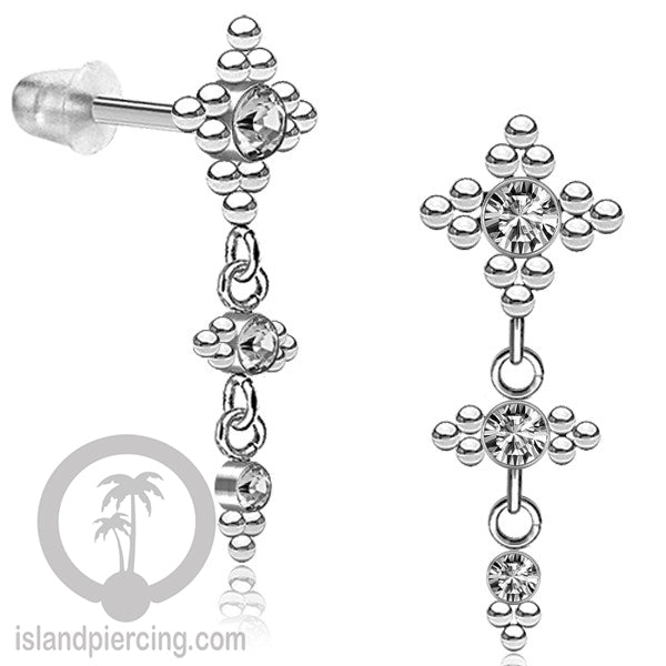 Anting Stud Stainless warna silver yang gantung dengan dekorasi Kristal Zirconia