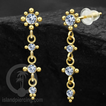 Anting Stud Stainless warna gold yang gantung dengan dekorasi Kristal Zirconia