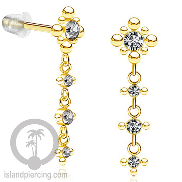 Anting Stud Stainless warna gold yang gantung dengan dekorasi Kristal Zirconia