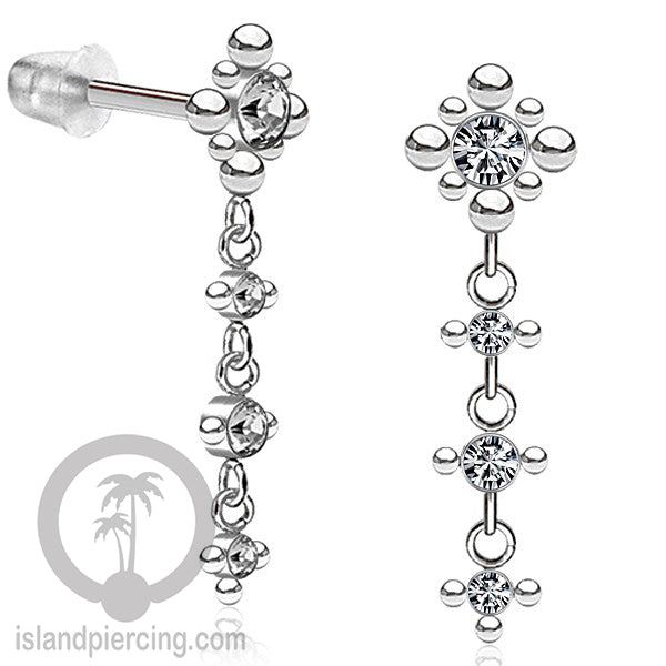 Anting Stud Stainless warna silver yang gantung dengan dekorasi Kristal Zirconia
