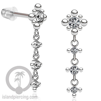 Anting Stud Stainless warna silver yang gantung dengan dekorasi Kristal Zirconia