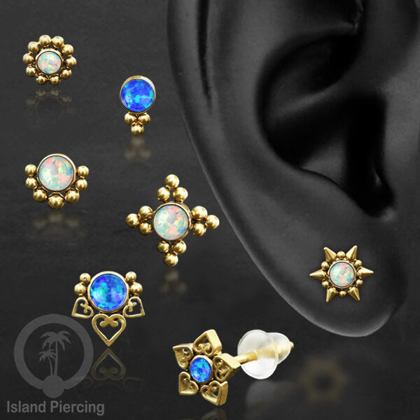 Anting Stud Stainless Earring warna gold dengan batu Opal Biru dan Putih