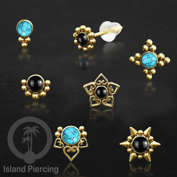 Anting Stud Stainless Earring warna gold dengan batu Turquoise dan Onyx Hitam