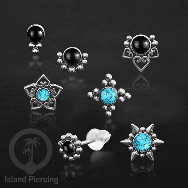 Anting Stud Stainless Earring warna silver dengan batu Turquoise dan Onyx Hitam