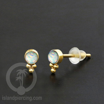 Anting Stud Stainless Earring warna gold dengan batu Opal Biru dan Putih