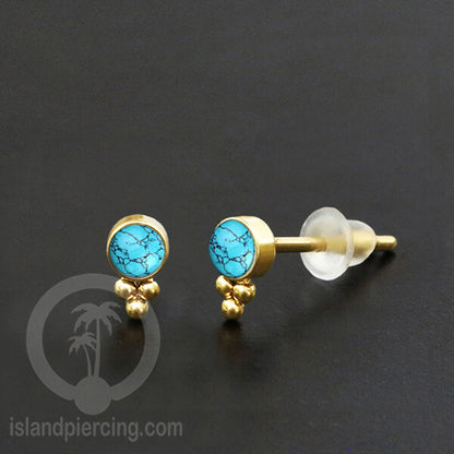 Anting Stud Stainless Earring warna gold dengan batu Turquoise dan Onyx Hitam