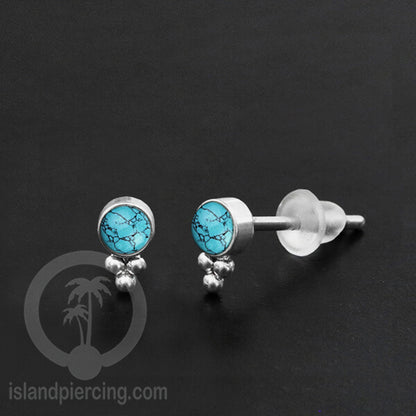 Anting Stud Stainless Earring warna silver dengan batu Turquoise dan Onyx Hitam