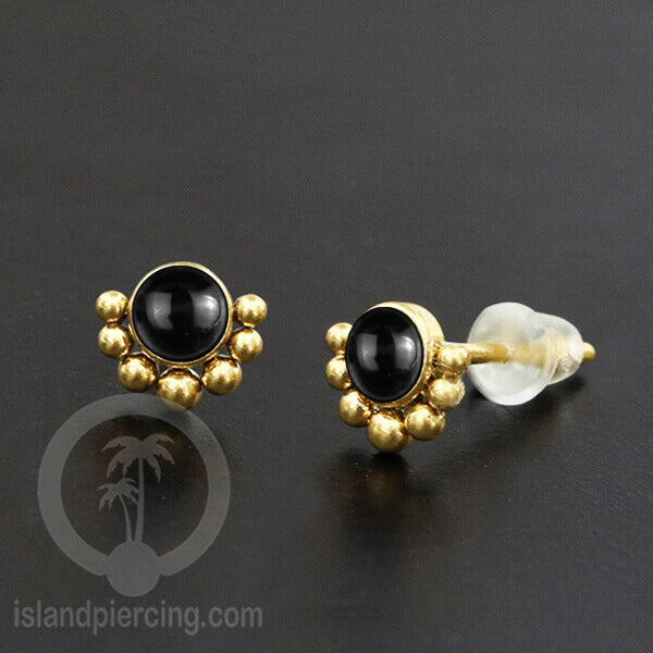 Anting Stud Stainless Earring warna gold dengan batu Turquoise dan Onyx Hitam