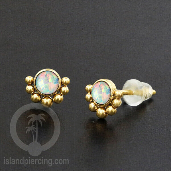 Anting Stud Stainless Earring warna gold dengan batu Opal Biru dan Putih