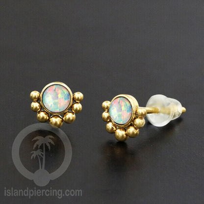 Anting Stud Stainless Earring warna gold dengan batu Opal Biru dan Putih