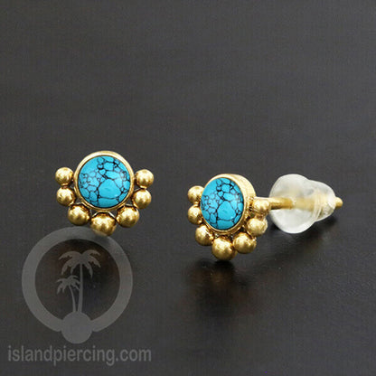 Anting Stud Stainless Earring warna gold dengan batu Turquoise dan Onyx Hitam