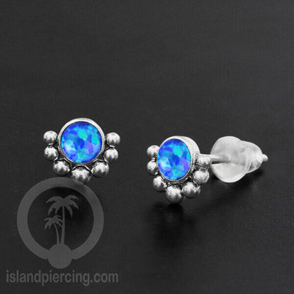 Anting Stud Stainless Earring warna silver dengan batu Opal Biru dan Putih
