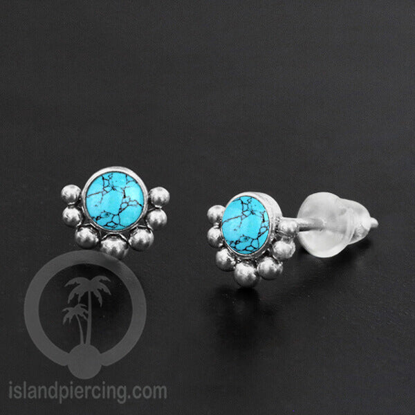 Anting Stud Stainless Earring warna silver dengan batu Turquoise dan Onyx Hitam