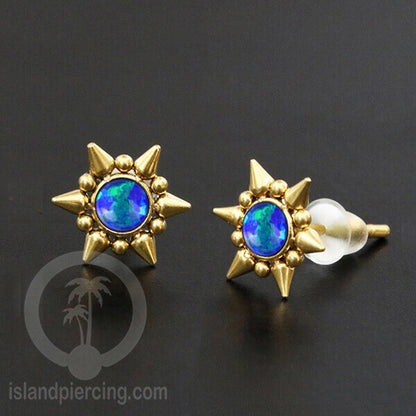 Anting Stud Stainless Earring warna gold dengan batu Opal Biru dan Putih