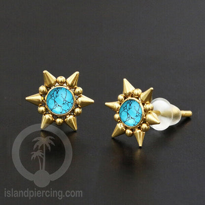 Anting Stud Stainless Earring warna gold dengan batu Turquoise dan Onyx Hitam