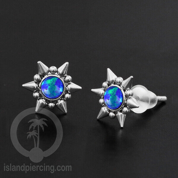 Anting Stud Stainless Earring warna silver dengan batu Opal Biru dan Putih