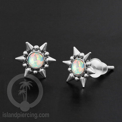 Anting Stud Stainless Earring warna silver dengan batu Opal Biru dan Putih
