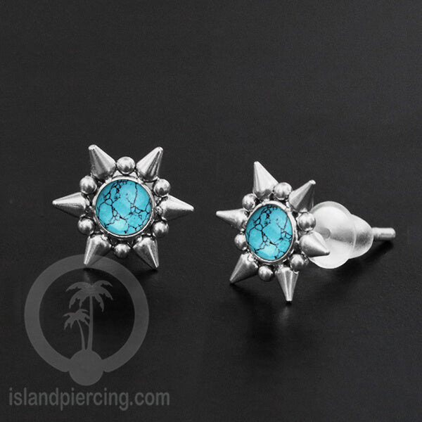 Anting Stud Stainless Earring warna silver dengan batu Turquoise dan Onyx Hitam